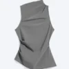 Asymmetric Sleeveless Suiting Top – Dusty Grey Pinstripe