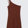 Asymmetric Strap Tie Mini Dress – Burgundy