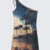 Asymmetric Strap Tie Mini Dress – Palm Beach