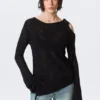 Asymmetric Tie-Shoulder Knitted Sweater – Black