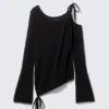 Asymmetric Tie-Shoulder Knitted Sweater – Black