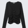 Belle B Ruched V-Neck Cardigan – Black