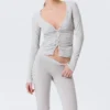 Belle B Ruched V-Neck Cardigan – Light Grey Melange