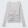 Belle B Ruched V-Neck Cardigan – Light Grey Melange