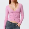 Belle B Ruched V-Neck Cardigan – Pink