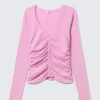 Belle B Ruched V-Neck Cardigan – Pink
