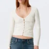 Belle B Ruched V-Neck Cardigan – White