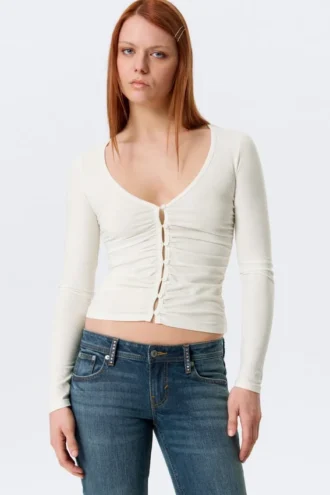 Belle B Ruched V-Neck Cardigan – White