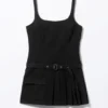 Belted Pleated Mini Dress – Black
