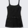 Belted Pleated Mini Dress – Black