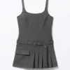 Belted Pleated Mini Dress – Dark Grey