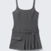Belted Pleated Mini Dress – Dark Grey