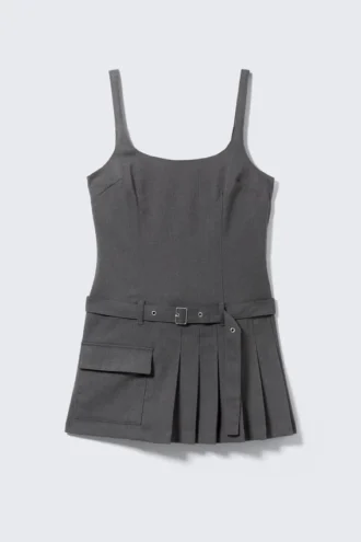 Belted Pleated Mini Dress – Dark Grey