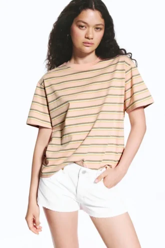 Boxy Cotton T-Shirt – Pink/Khaki Stripe
