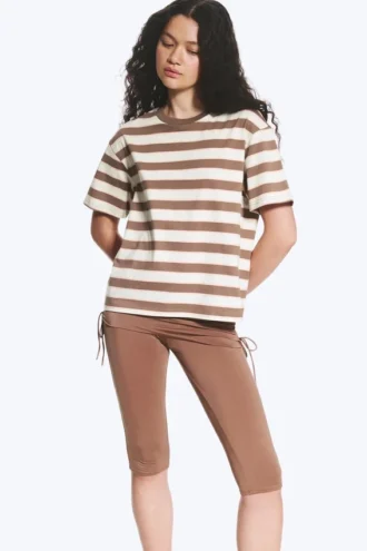 Boxy Cotton T-Shirt – White/Brown/Peach Stripe