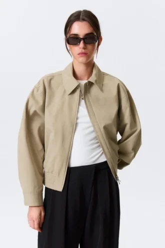 Boxy Cotton Zip Jacket – Beige