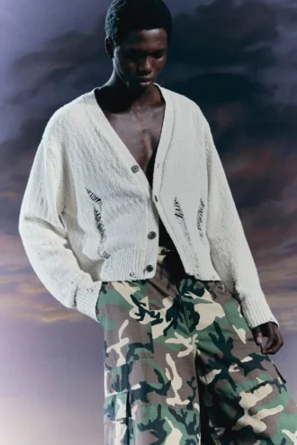Boxy Distressed Knitted Cardigan – Beige
