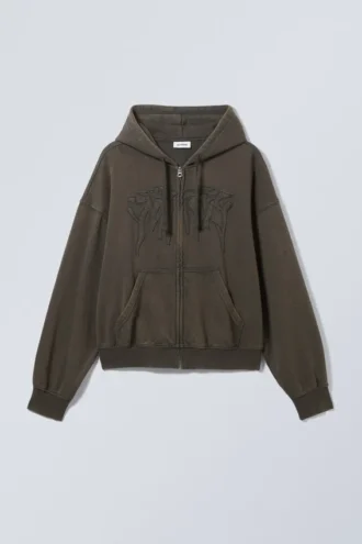 Boxy Embroidery Zip Hoodie – Dark Grey