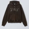 Boxy Embroidery Zip Hoodie – Washed Dark Brown – Dream