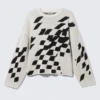 Boxy Graphic Jacquard Sweater – Dirty White – Square Pattern