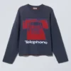 Boxy Graphic Knitted Cotton Sweater – Dark Blue – Telephone
