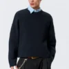 Boxy Knitted Cotton Sweater – Dark Navy Blue