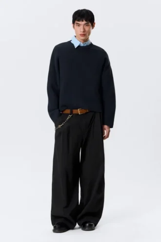 Boxy Knitted Cotton Sweater – Dark Navy Blue