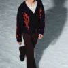 Boxy Knitted Graphic Cardigan – Black – Red Flames