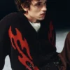 Boxy Knitted Graphic Cardigan – Black – Red Flames