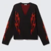 Boxy Knitted Graphic Cardigan – Black – Red Flames