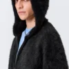 Boxy Knitted Hairy Zip Hoodie – Black