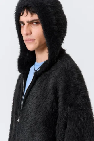 Boxy Knitted Hairy Zip Hoodie – Black