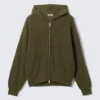 Boxy Knitted Hoodie – Dark Khaki Green