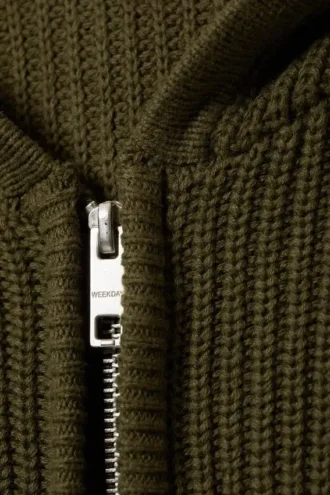 Boxy Knitted Hoodie – Dark Khaki Green