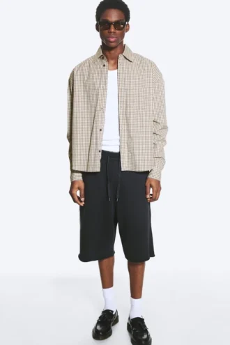 Boxy Long-Sleeved Cotton Poplin Shirt – Beige Check