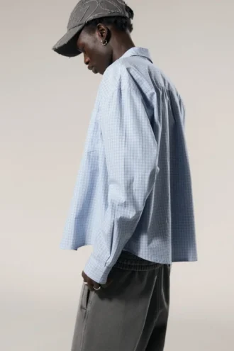 Boxy Long-Sleeved Cotton Poplin Shirt – Checked Blue