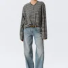 Boxy Long-Sleeved Henley T-Shirt – Striped Dark Grey