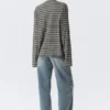 Boxy Long-Sleeved Henley T-Shirt – Striped Dark Grey