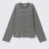 Boxy Long-Sleeved Henley T-Shirt – Striped Dark Grey