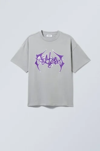 Boxy Printed Graphic T-Shirt – Grey Purple Print