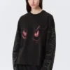 Boxy Printed Long-Sleeved Top – Washed Black – Dragon Gaze
