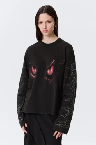 Boxy Printed Long-Sleeved Top – Washed Black – Dragon Gaze