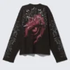 Boxy Printed Long-Sleeved Top – Washed Black – Dragon Gaze