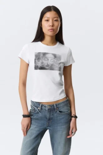 Boxy Printed Short-Sleeved T-Shirt – White – Misty Face