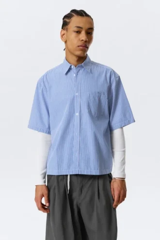 Boxy Short-Sleeved Cotton Shirt – Blue & White Stripe