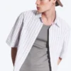 Boxy Short-Sleeved Cotton Shirt – Striped Light Dusty Beige