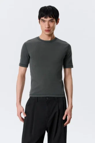 Boxy Slim Fit Ribbed T-Shirt – Washed Dark Mole