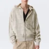 Boxy Textured Knit Zip Hoodie – Light Patterned Beige