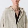Boxy Textured Knit Zip Hoodie – Light Patterned Beige
