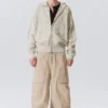 Boxy Textured Knit Zip Hoodie – Light Patterned Beige